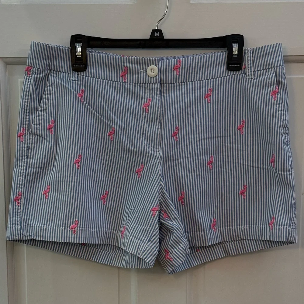 crown & ivy Blue & White Striped Shorts with Pink Flamingo Embroidery size 12 - Picture 1 of 4